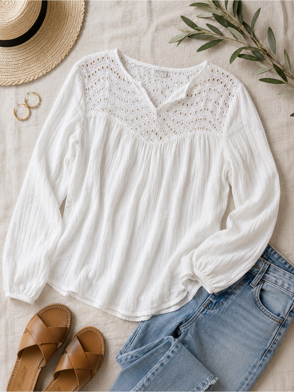 Lascana Venus | White Eyelet Boho Peasant Blouse | Medium - Picture 2 of 6